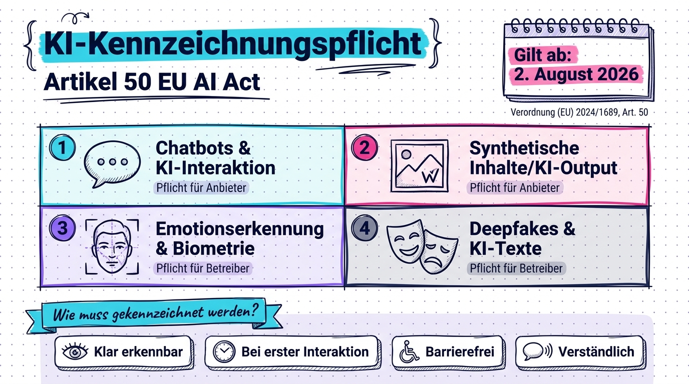 KI-Forum-Visual: Vier Kennzeichnungspflichten aus Artikel 50 EU AI Act mit Stichtag 2. August 2026