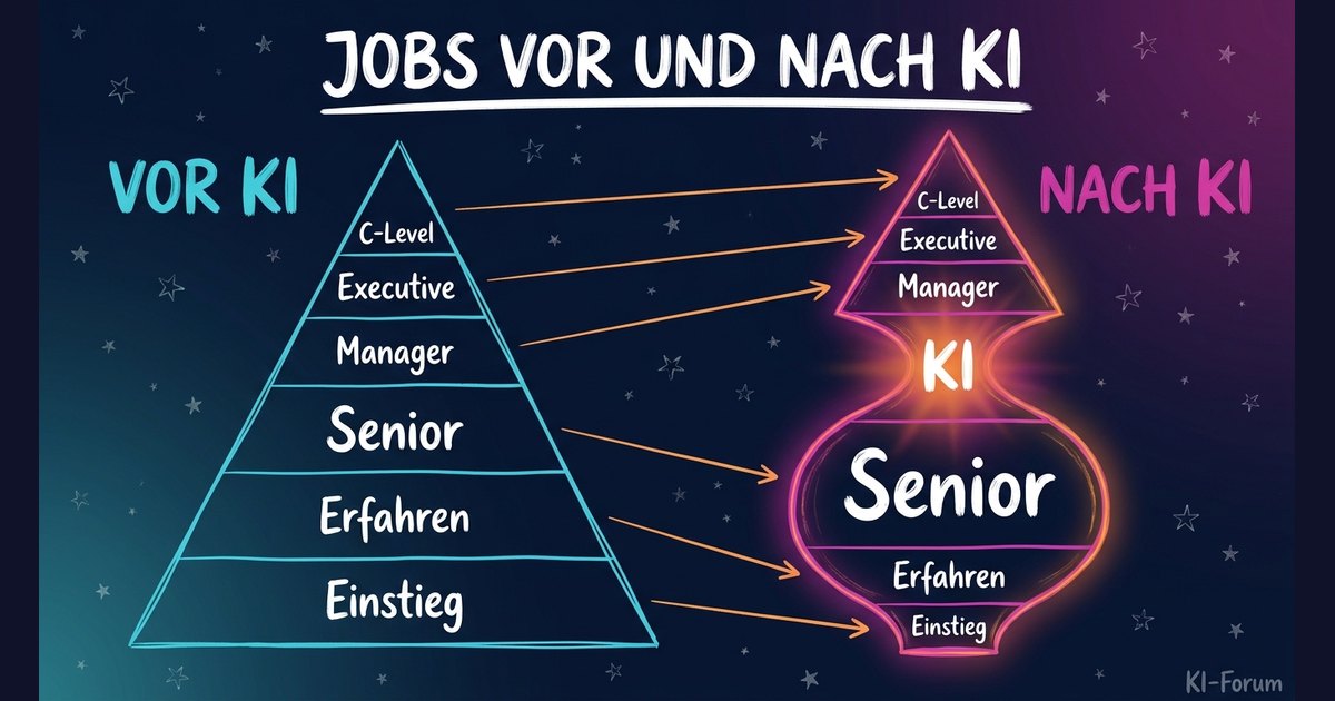Vergleich zweier Karriere-Modelle: klassische Pyramide vor KI und Sanduhr-Form nach KI mit schmaler Basis, engem KI-Nadelöhr und breiter Senior-Mitte