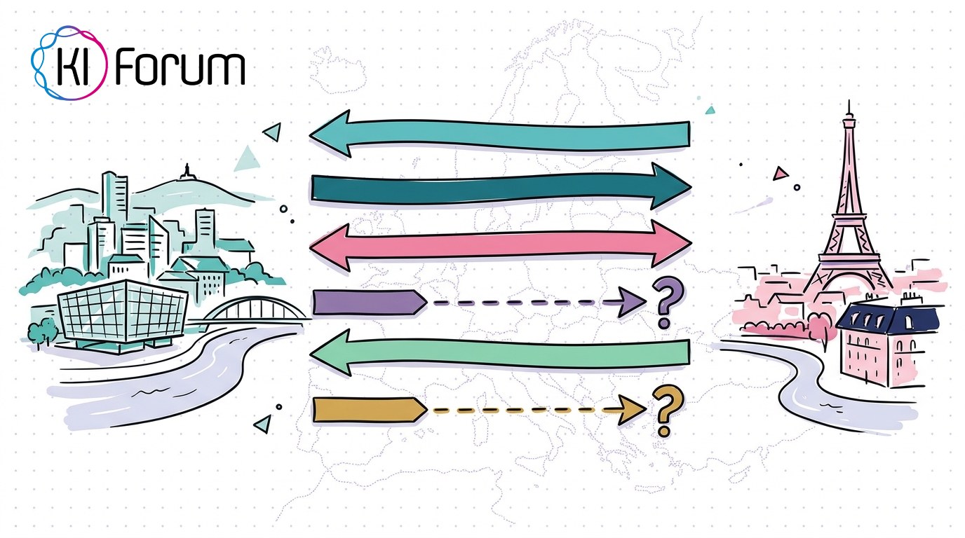 Illustration mit Linzer Skyline und Eiffelturm, verbunden durch bidirektionale Pfeile — Symbol für den Emmi-Mistral-Deal