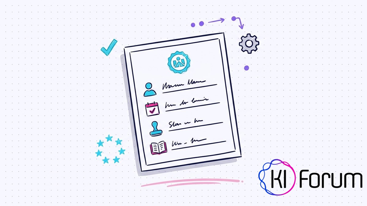 Illustration einer Checkliste mit Prüfsiegel: Name, Datum, Aussteller und Inhalt als vier Angaben des KI-Kompetenznachweises nach Artikel 4 EU AI Act